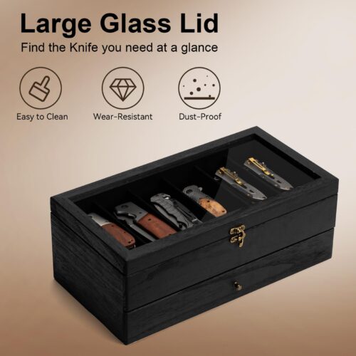 Emfogo Wooden Pocket Knife Display Case, Collector Storage Box for Men - Black, 2 Layer