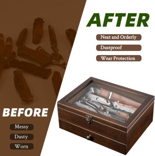Emfogo Knife Display Case Knife Collection Display Holder with Glass Lid, 2-Layer Wooden Pocket Knife Case with Drawers