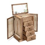 Emfogo Jewelry Box for Women, 5 Layer Large Wood Boxes & Organizers for Necklaces Earrings Rings Bracelets, Rustic Organizer with Drawers and Mirror