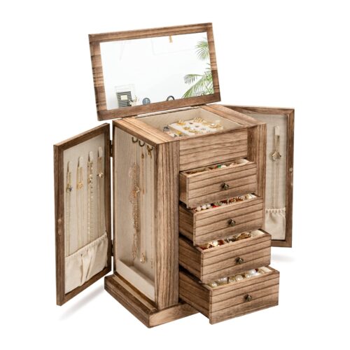 Emfogo Jewelry Box for Women, 5 Layer Large Wood Boxes & Organizers for Necklaces Earrings Rings Bracelets, Rustic Organizer with Drawers and Mirror