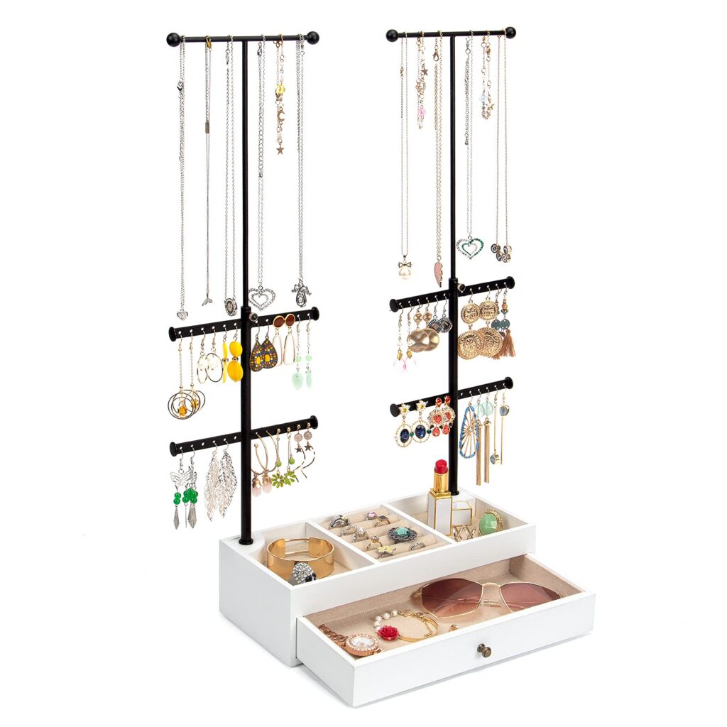 Emfogo Jewelry Organizer Stand Wood Basic Jewelry Drawer Storage Box with Double Rods & 6 Tier Jewelry Tree Stand Holder for Necklaces Bracelet Earring Ring Display