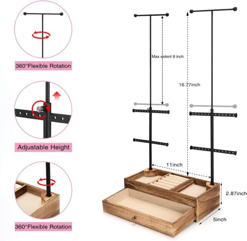 Emfogo 6 Tier Jewelry Organizer Stand, Rustic Wood & Metal Jewelry Holder, Earring Organizer with Adjustable Height Necklace Holder for Jewelry Display & Storage