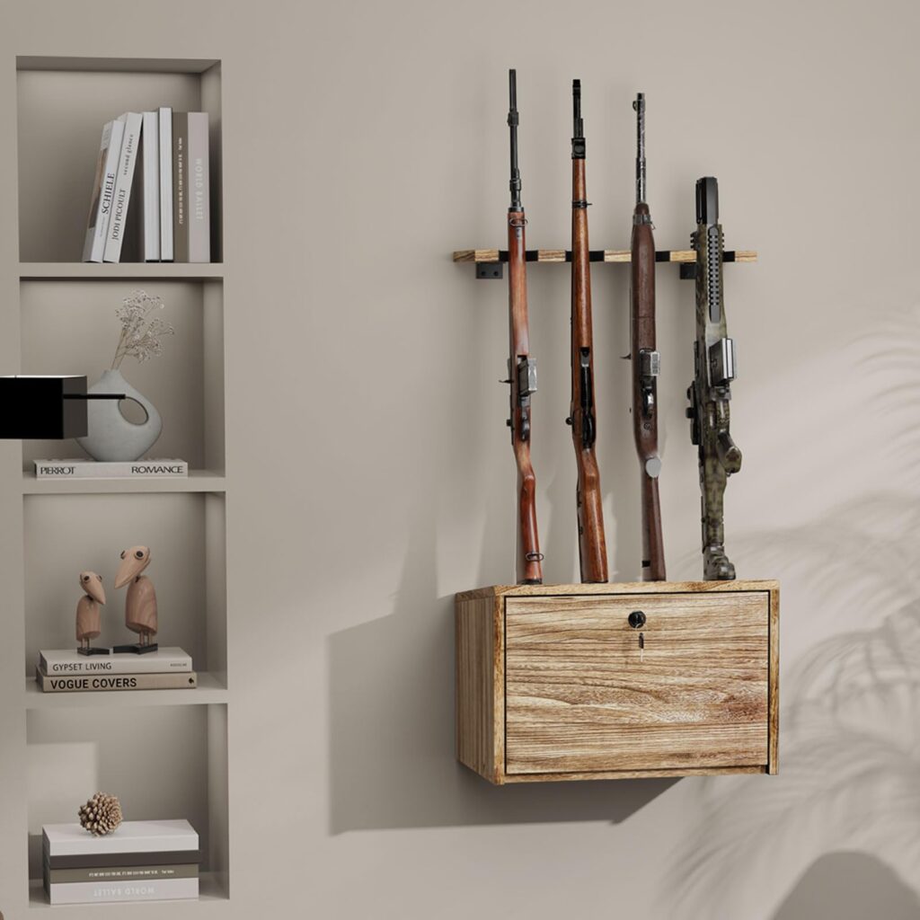 Emfogo Gun Rack Wall Mount, Wooden Rifle Racks with Gun Rack for Wall, Gun Display Racks for Indoor Firearms Storage, Holds up to 4 Long Guns and 6 Handguns, Gifts for Husband, Dad