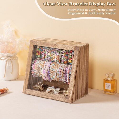 Emfogo Bracelet Holder Display Box with Clear Viewing Window, Rustic Brown
