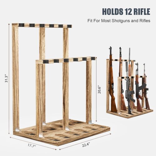 Emfogo Indoor Gun Racks, Wooden Free Standing Heavy Duty Shotgun Display Rack, Rifle Stand Organizer, 12 Rifles Storage Holder Wood Gun Rack