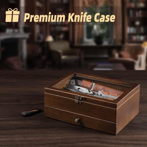 Emfogo Knife Display Case Knife Collection Display Holder with Glass Lid, 2-Layer Wooden Pocket Knife Case with Drawers