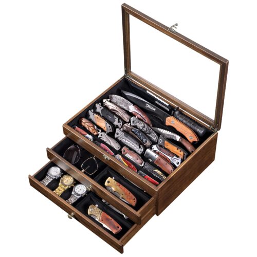 Emfogo Large Knife Display Case, 3-Tier Pocket Knife Organizer and Storage Box with Transparent Lid & Drawer, for Folding Knife and Dagger Collections, Ideal Men's Gift