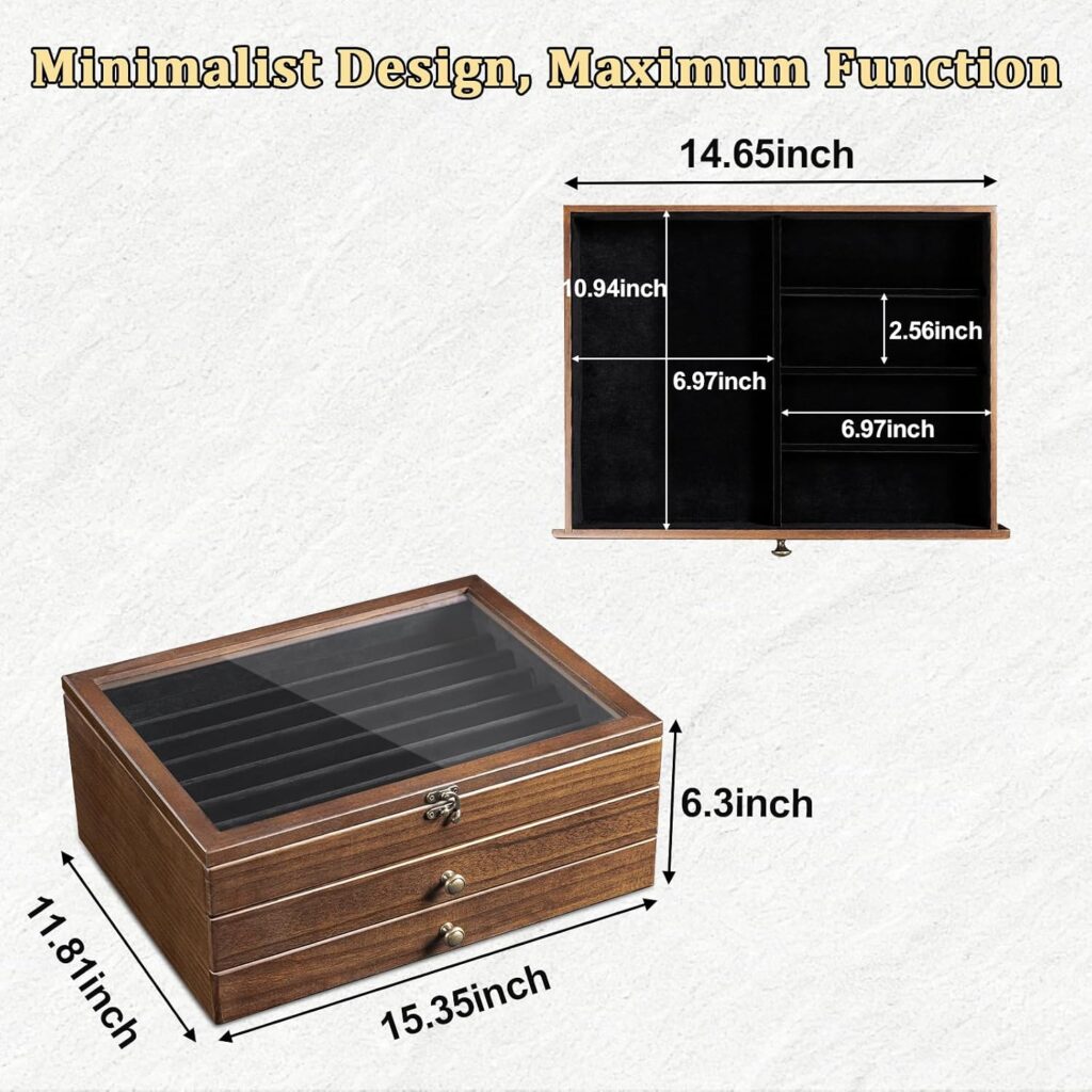 Emfogo Large Knife Display Case, 3-Tier Pocket Knife Organizer and Storage Box with Transparent Lid & Drawer, for Folding Knife and Dagger Collections, Ideal Men's Gift