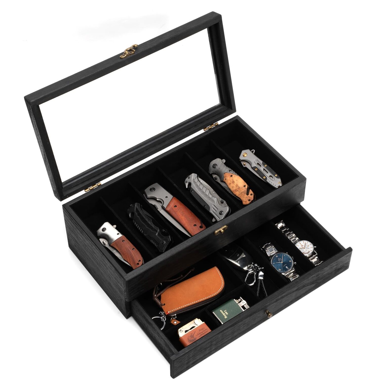 Emfogo Wooden Pocket Knife Display Case, Collector Storage Box for Men - Black, 2 Layer