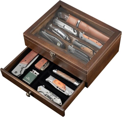 Emfogo Knife Display Case Knife Collection Display Holder with Glass Lid, 2-Layer Wooden Pocket Knife Case with Drawers