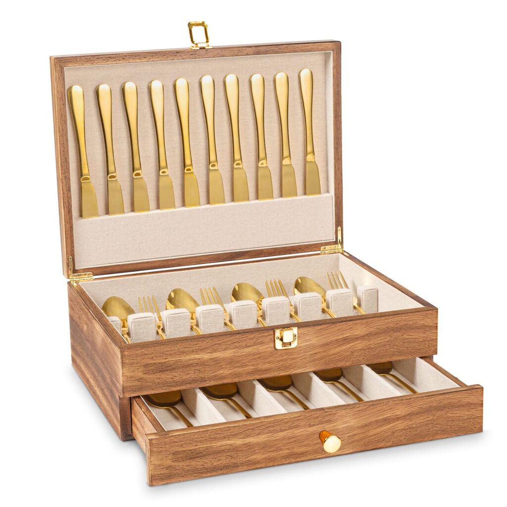 Emfogo Wooden Silverware Storage Box, Flatware Organizer for Utensils - 2 Layer Carbonized Black