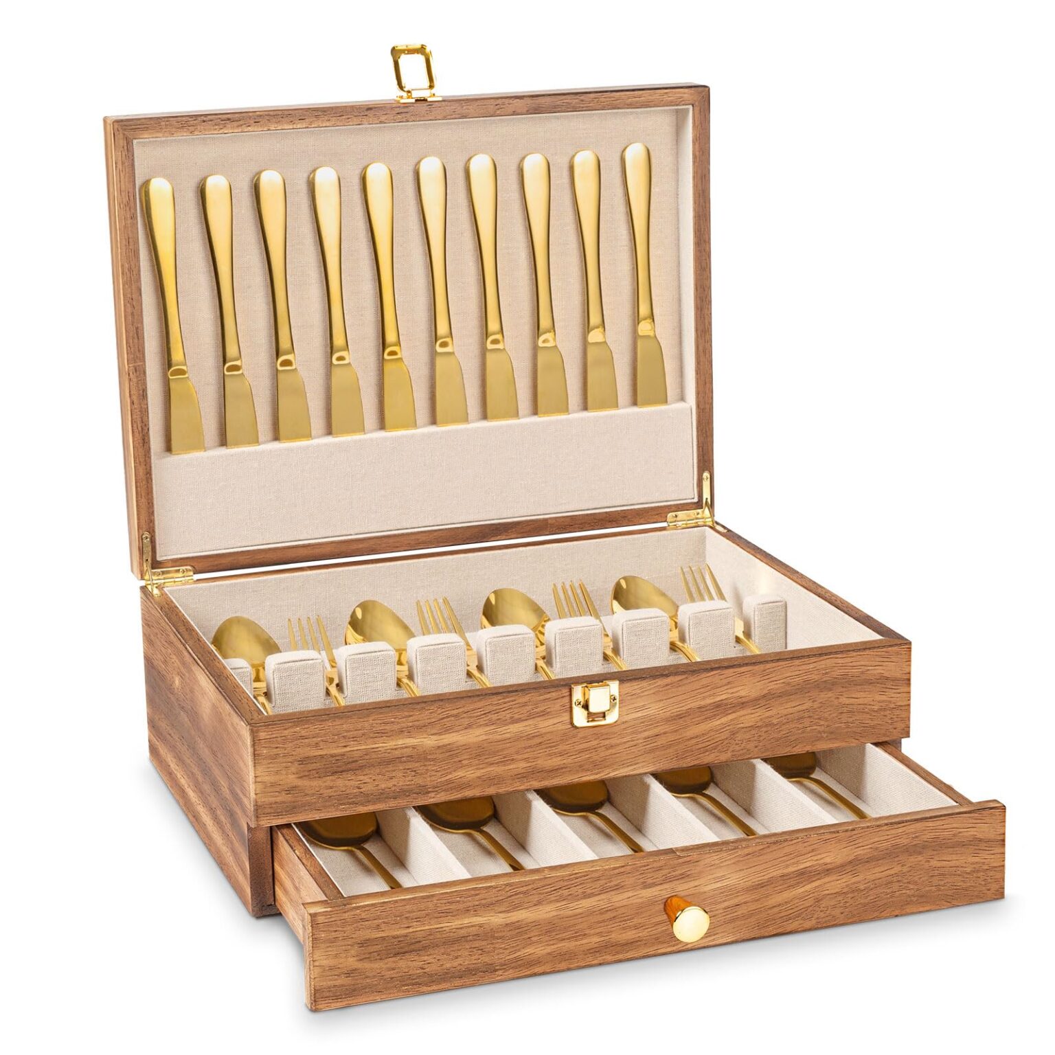 Emfogo Wooden Silverware Storage Box, Flatware Organizer for Utensils - 2 Layer Carbonized Black