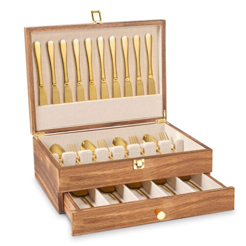 Emfogo Wooden Silverware Storage Box, Flatware Organizer for Utensils - 2 Layer Carbonized Black