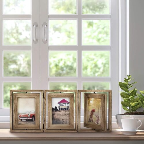 Emfogo 4x6 Picture Frame Rustic Wood Hinged Folding Triple Picture Frames Collage, Double-Sided Display Rotatable High Definition Glass Photo Frame for Home TableTop