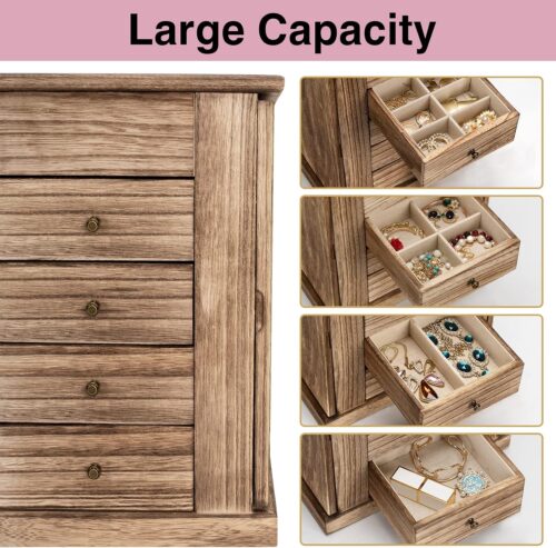 Emfogo Jewelry Box for Women, 5 Layer Large Wood Boxes & Organizers for Necklaces Earrings Rings Bracelets, Rustic Organizer with Drawers and Mirror