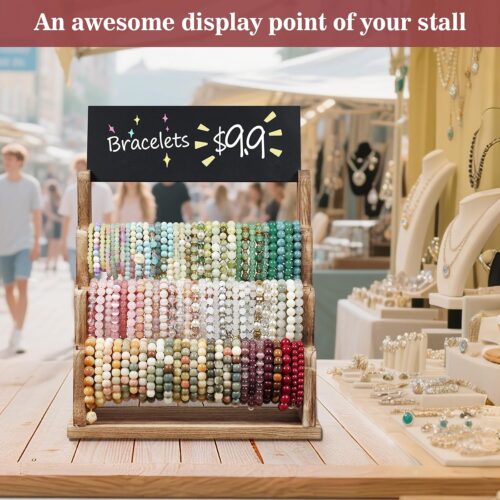 Emfogo Bracelet Holder with Advertising Board, 3 Tier Bracelet Organizer Stand Storage for Bracelets Bangles Watch Scrunchies, Rustic Wood Jewelry Display for Vendors, Craft Shows