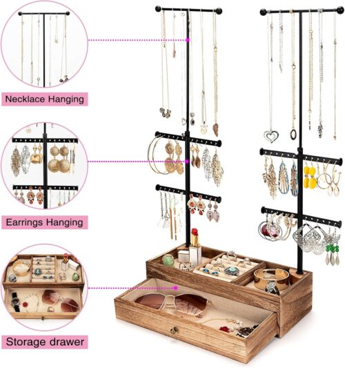 Emfogo 6 Tier Jewelry Organizer Stand, Rustic Wood & Metal Jewelry Holder, Earring Organizer with Adjustable Height Necklace Holder for Jewelry Display & Storage