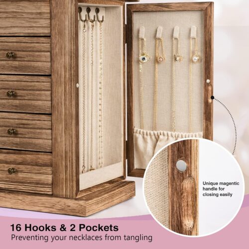 Emfogo Jewelry Box for Women, 5 Layer Large Wood Boxes & Organizers for Necklaces Earrings Rings Bracelets, Rustic Organizer with Drawers and Mirror