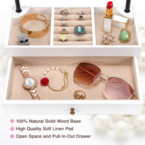 Emfogo Jewelry Organizer Stand Wood Basic Jewelry Drawer Storage Box with Double Rods & 6 Tier Jewelry Tree Stand Holder for Necklaces Bracelet Earring Ring Display