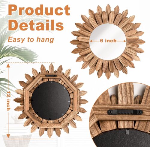 Emfogo Wall Mirror 12 inch Rustic Wood Sunburst Boho Mirror Wall Decor Home Decor for Bedroom Living Room Entryway Farmhouse