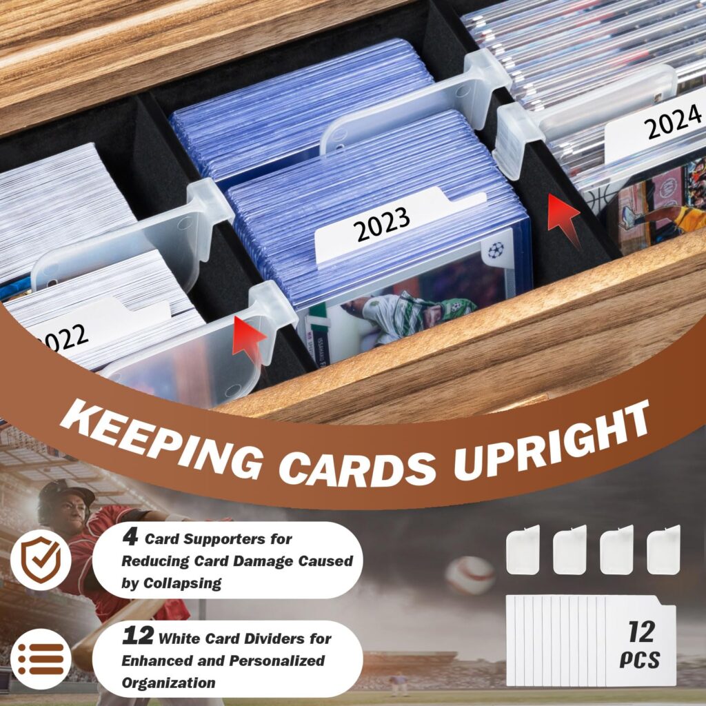Emfogo Trading Card Display, 3-Tier Card Display Case with Custom Drawer, Wood Graded Card Display with Supporters and Dividers, Sports Card Display Case