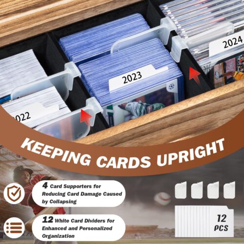 Emfogo Trading Card Display, 3-Tier Card Display Case with Custom Drawer, Wood Graded Card Display with Supporters and Dividers, Sports Card Display Case