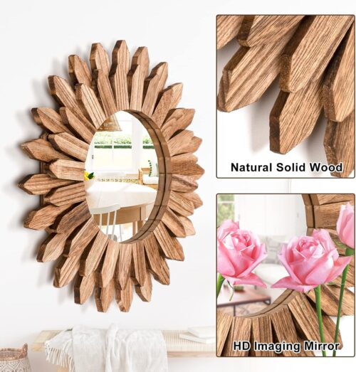 Emfogo Wall Mirror 12 inch Rustic Wood Sunburst Boho Mirror Wall Decor Home Decor for Bedroom Living Room Entryway Farmhouse