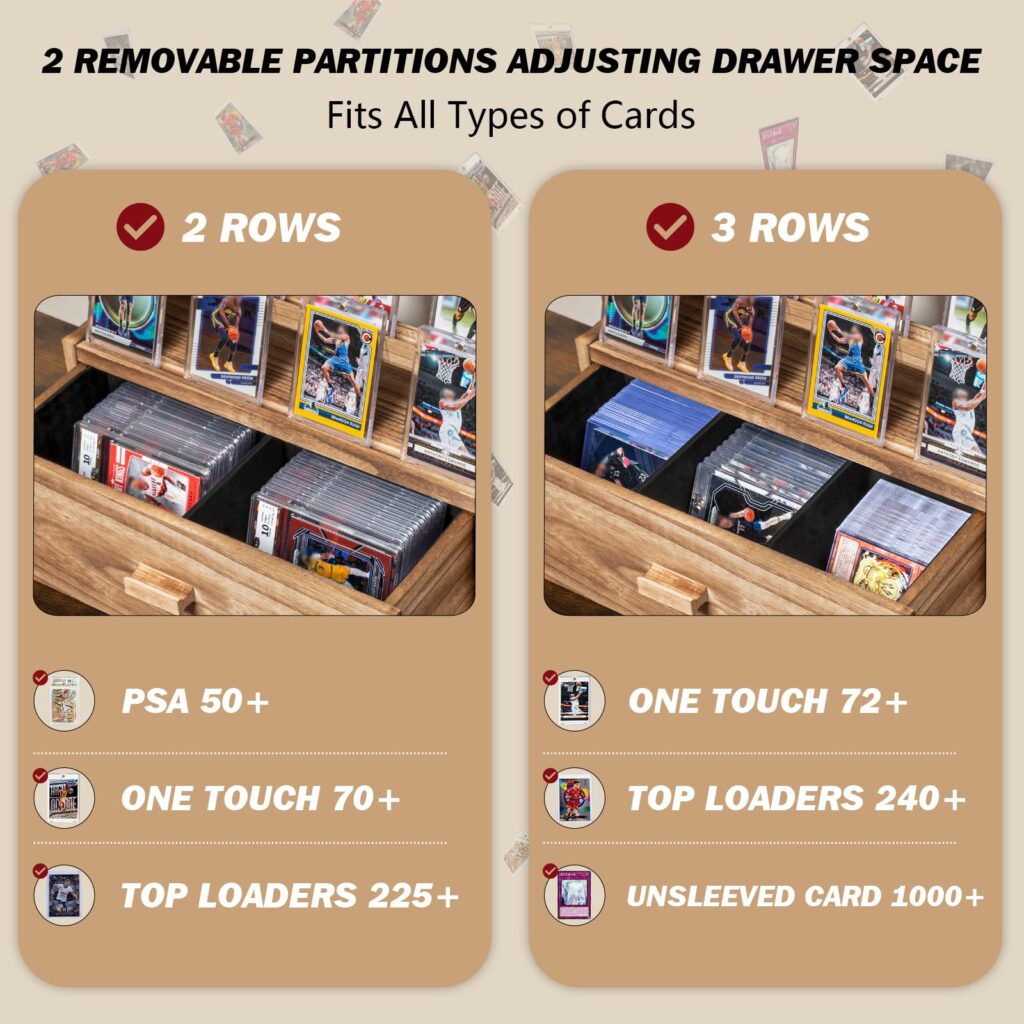 Emfogo Trading Card Display, 3-Tier Card Display Case with Custom Drawer, Wood Graded Card Display with Supporters and Dividers, Sports Card Display Case