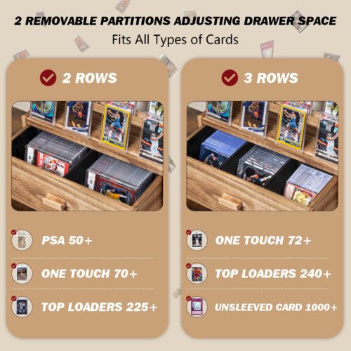 Emfogo Trading Card Display, 3-Tier Card Display Case with Custom Drawer, Wood Graded Card Display with Supporters and Dividers, Sports Card Display Case