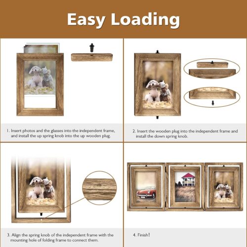 Emfogo 4x6 Picture Frame Rustic Wood Hinged Folding Triple Picture Frames Collage, Double-Sided Display Rotatable High Definition Glass Photo Frame for Home TableTop