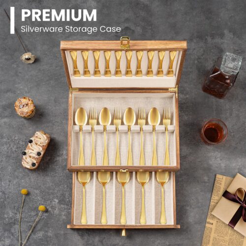 Emfogo Wooden Silverware Storage Box, Flatware Organizer for Utensils - 2 Layer Carbonized Black