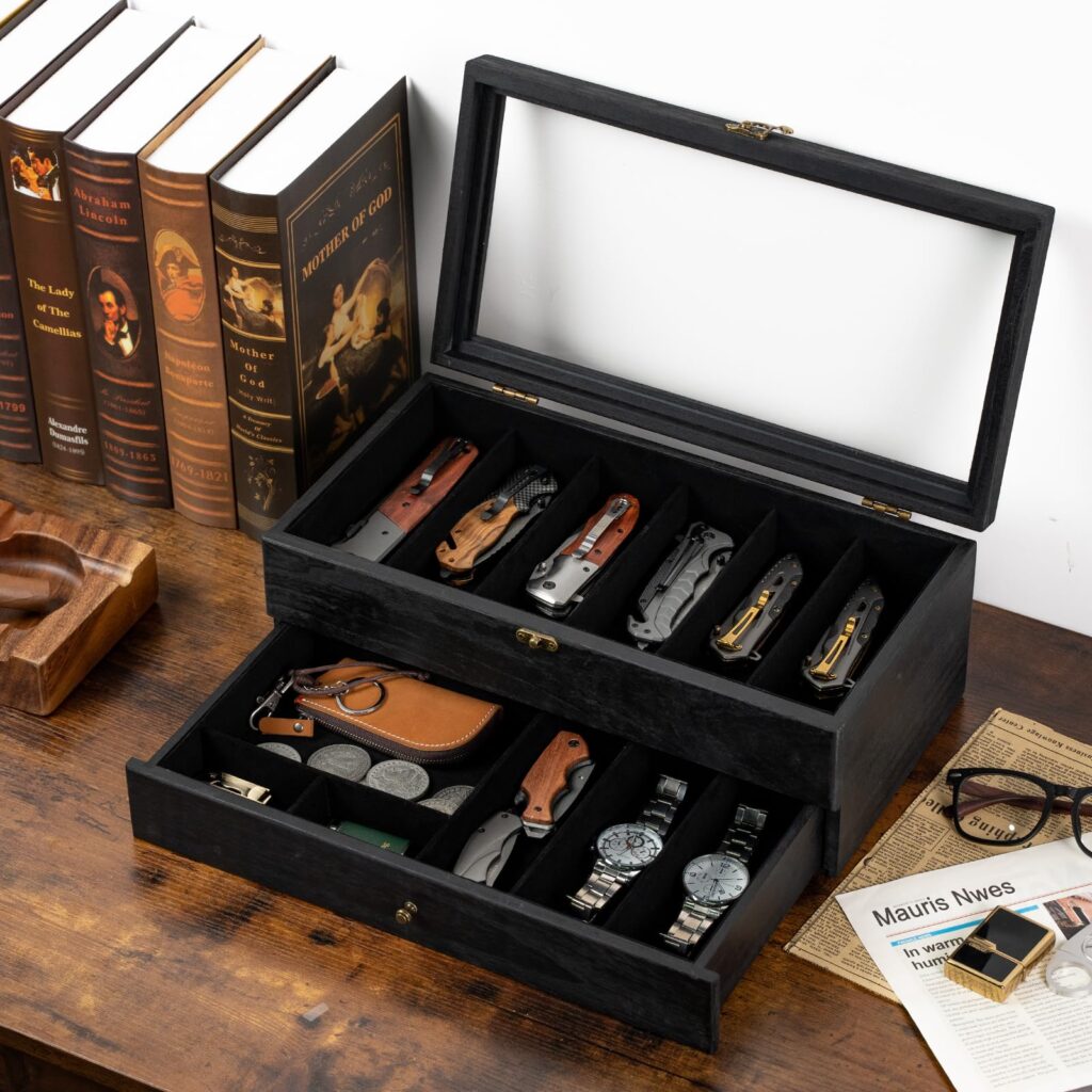 Emfogo Wooden Pocket Knife Display Case, Collector Storage Box for Men - Black, 2 Layer