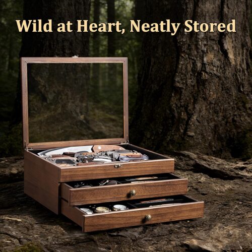 Emfogo Large Knife Display Case, 3-Tier Pocket Knife Organizer and Storage Box with Transparent Lid & Drawer, for Folding Knife and Dagger Collections, Ideal Men's Gift