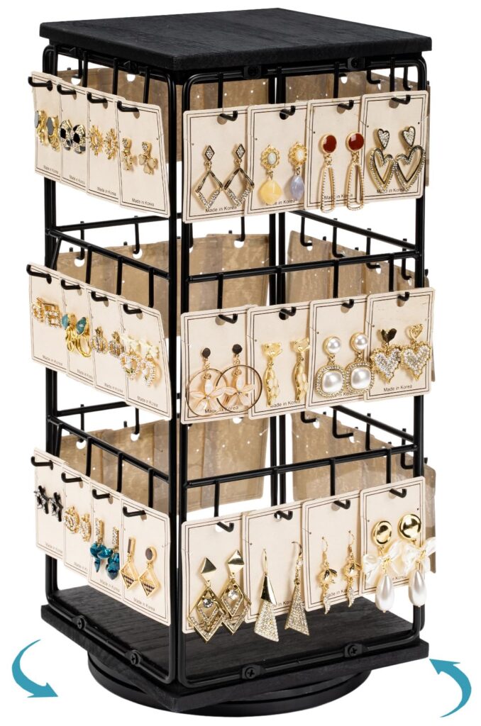Emfogo Rotating Earring Display Stand, Wooden Jewelry Organizer - Black, 1pcs Rotating Size