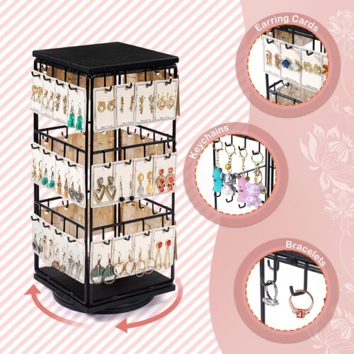 Emfogo Rotating Earring Display Stand, Wooden Jewelry Organizer - Black, 1pcs Rotating Size