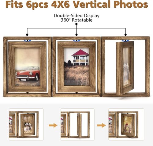 Emfogo 4x6 Picture Frame Rustic Wood Hinged Folding Triple Picture Frames Collage, Double-Sided Display Rotatable High Definition Glass Photo Frame for Home TableTop