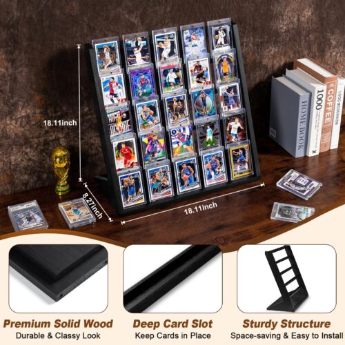 Emfogo Trading Card Display Stand, 5 Tier Sports Graded Card Display, Wooden Trading Card Display Stand for Sports Card Collection & Show, Black