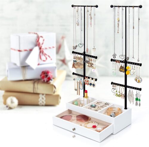 Emfogo Jewelry Organizer Stand Wood Basic Jewelry Drawer Storage Box with Double Rods & 6 Tier Jewelry Tree Stand Holder for Necklaces Bracelet Earring Ring Display