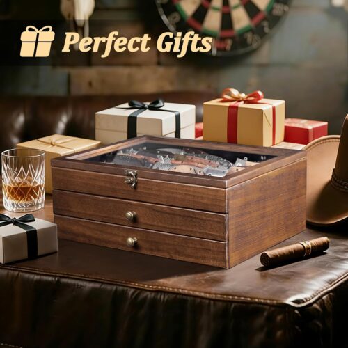 Emfogo Large Knife Display Case, 3-Tier Pocket Knife Organizer and Storage Box with Transparent Lid & Drawer, for Folding Knife and Dagger Collections, Ideal Men's Gift