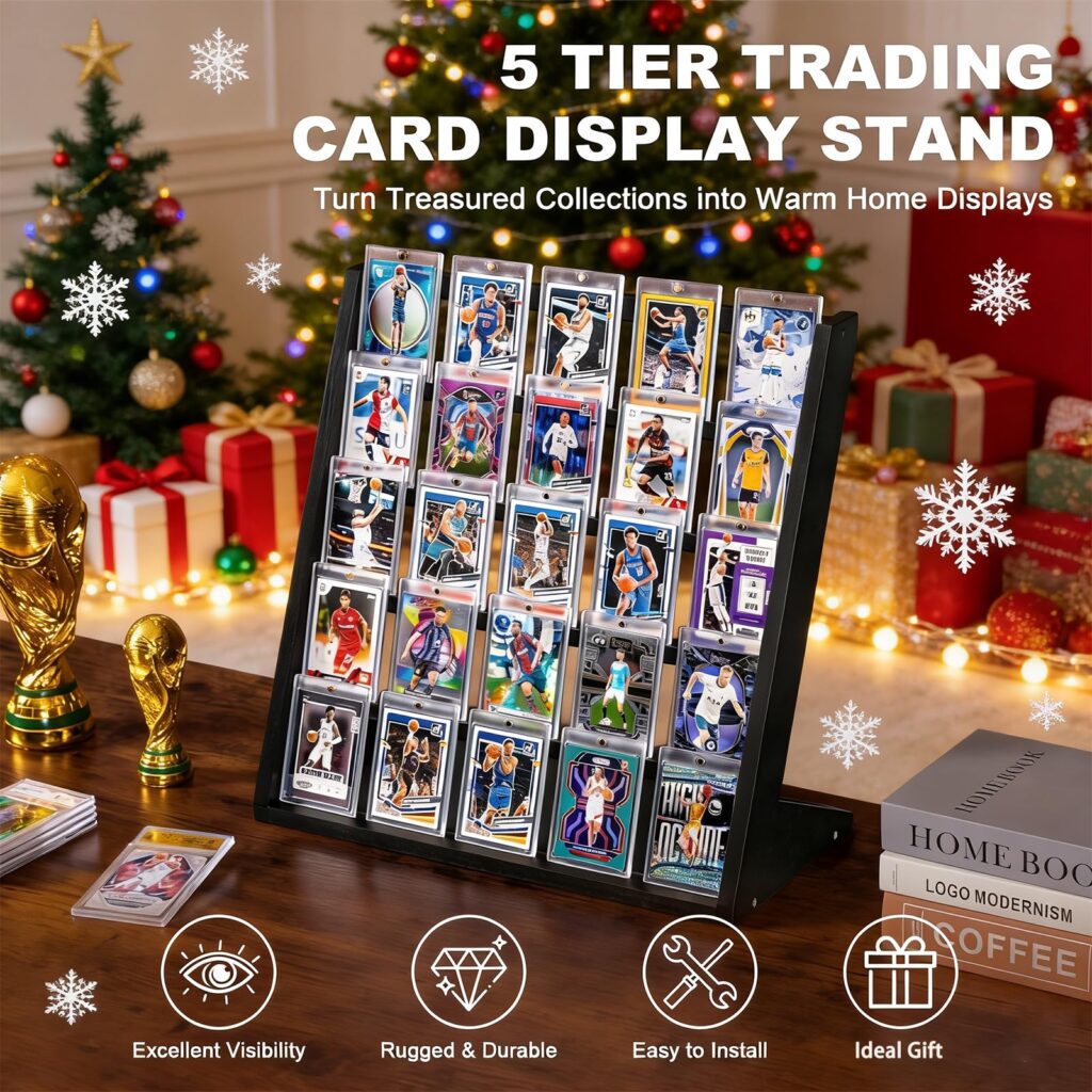 Emfogo Trading Card Display Stand, 5 Tier Sports Graded Card Display, Wooden Trading Card Display Stand for Sports Card Collection & Show, Black