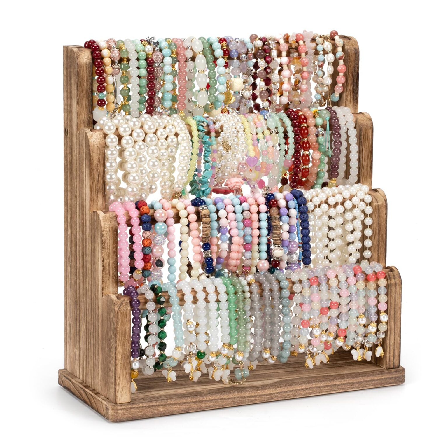 Emfogo Bracelet Holder, 4 Tier Bracelet Organizer Storage for Bracelets Bangles Watch Scrunchies, Rustic Wood Jewelry Organizer Display for Home, Vendors, Craft Shows and Store