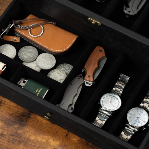 Emfogo Wooden Pocket Knife Display Case, Collector Storage Box for Men - Black, 2 Layer