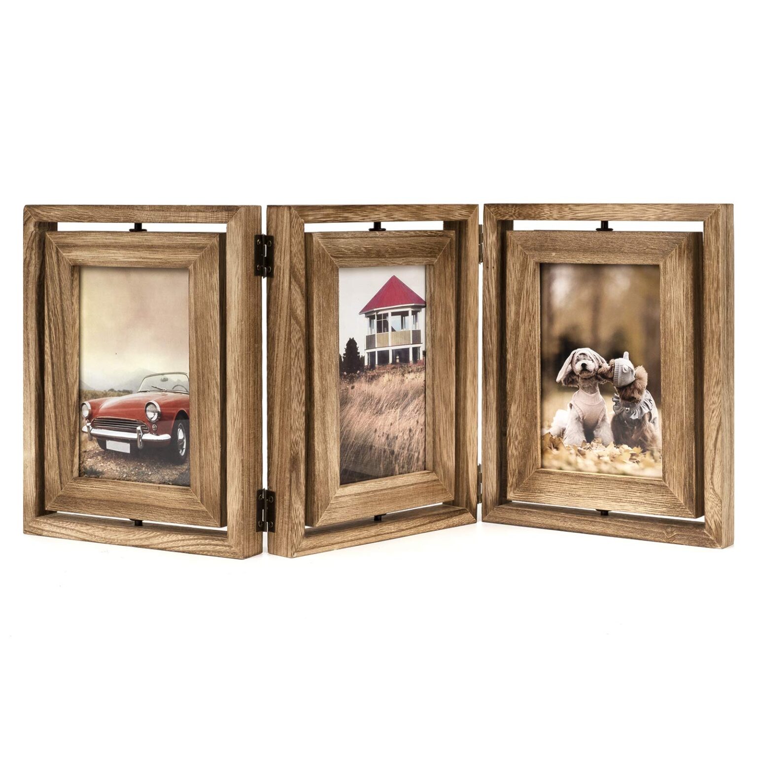 Emfogo 4x6 Picture Frame Rustic Wood Hinged Folding Triple Picture Frames Collage, Double-Sided Display Rotatable High Definition Glass Photo Frame for Home TableTop