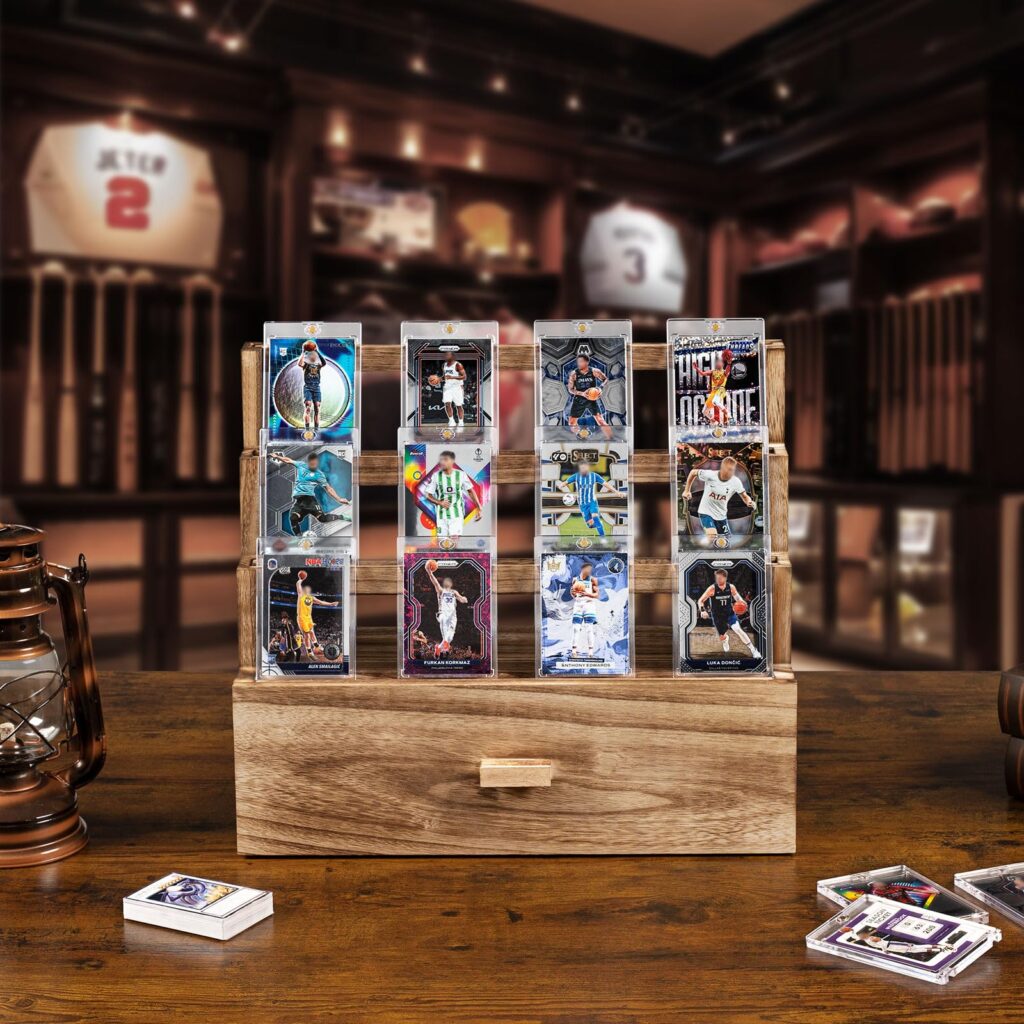 Emfogo Trading Card Display, 3-Tier Card Display Case with Custom Drawer, Wood Graded Card Display with Supporters and Dividers, Sports Card Display Case