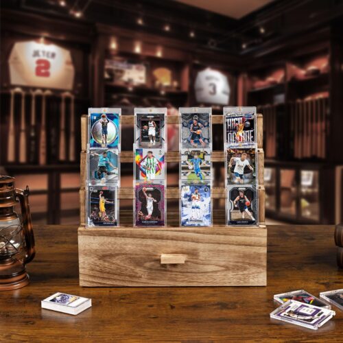 Emfogo Trading Card Display, 3-Tier Card Display Case with Custom Drawer, Wood Graded Card Display with Supporters and Dividers, Sports Card Display Case