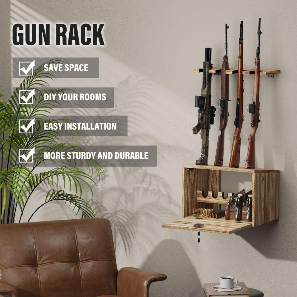 Emfogo Gun Rack Wall Mount, Wooden Rifle Racks with Gun Rack for Wall, Gun Display Racks for Indoor Firearms Storage, Holds up to 4 Long Guns and 6 Handguns, Gifts for Husband, Dad