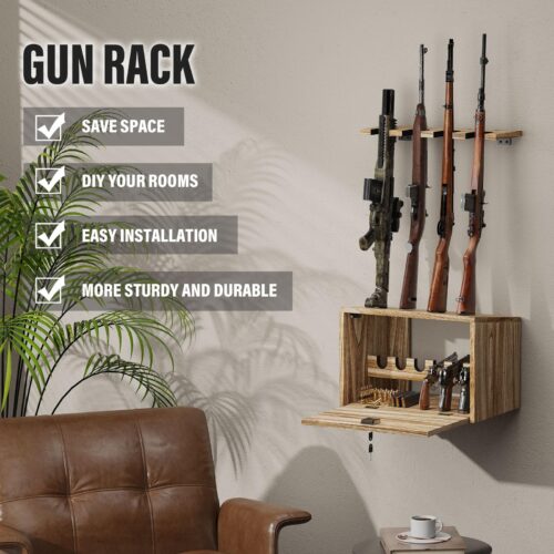 Emfogo Gun Rack Wall Mount, Wooden Rifle Racks with Gun Rack for Wall, Gun Display Racks for Indoor Firearms Storage, Holds up to 4 Long Guns and 6 Handguns, Gifts for Husband, Dad