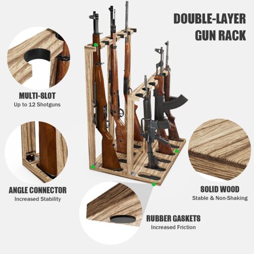 Emfogo Indoor Gun Racks, Wooden Free Standing Heavy Duty Shotgun Display Rack, Rifle Stand Organizer, 12 Rifles Storage Holder Wood Gun Rack