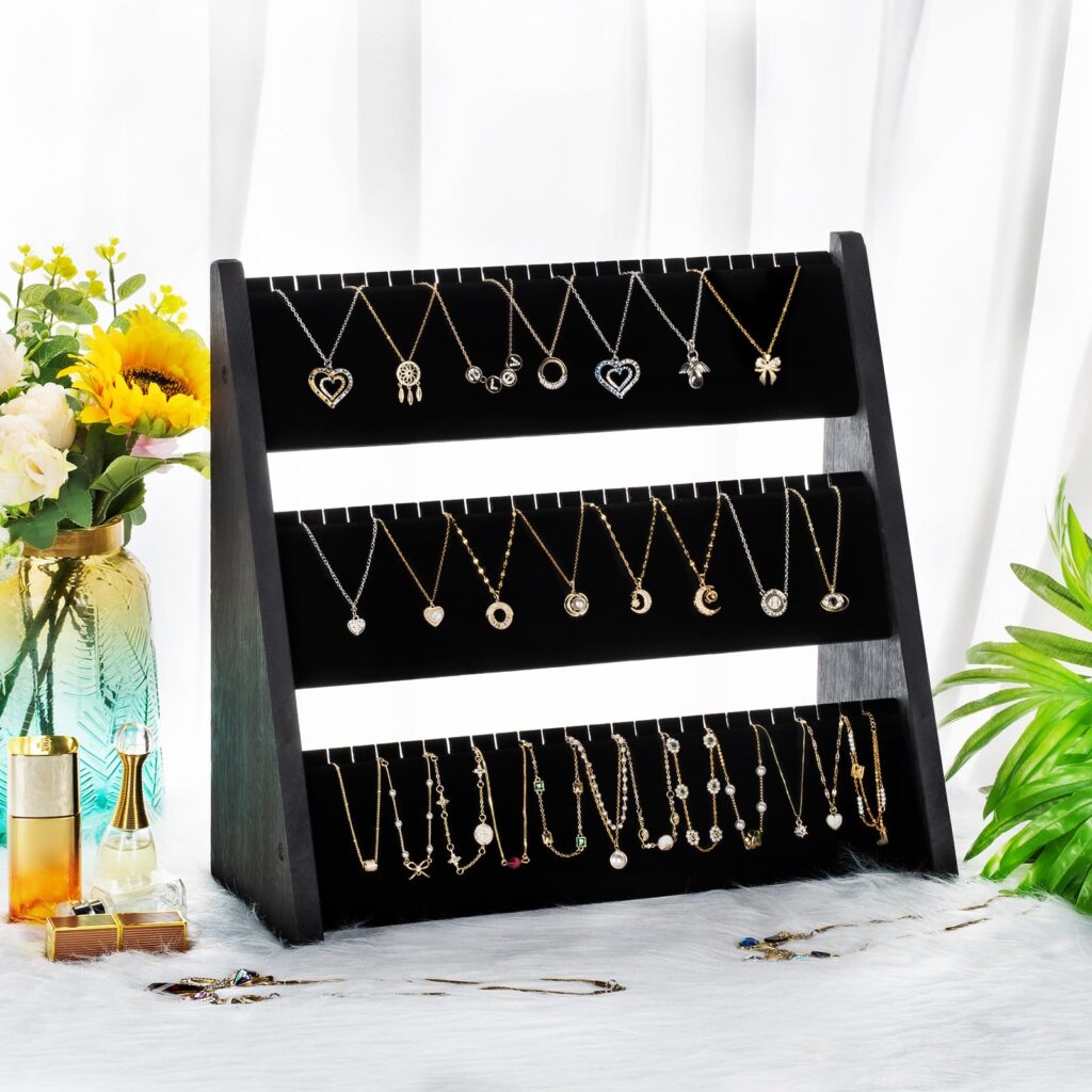Emfogo Wooden Necklace Display Stand, Multi-Tier Jewelry Organizer - Black And Black, 1 Pack
