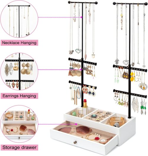 Emfogo Jewelry Organizer Stand Wood Basic Jewelry Drawer Storage Box with Double Rods & 6 Tier Jewelry Tree Stand Holder for Necklaces Bracelet Earring Ring Display